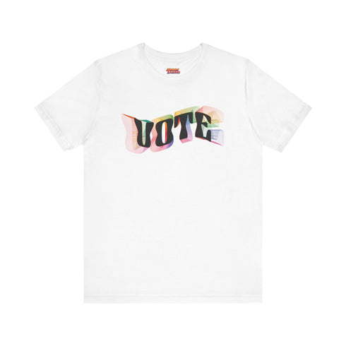 Election 2024 t-shirt with "VOTE" printed in large, colorful letters. Each letter features a different color from the rainbow spectrum, styled in a groovy 70s-inspired font.
